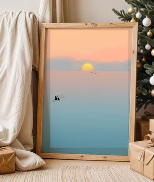 Serene Sunset with Silhouettes and Birds over a Calm Sea