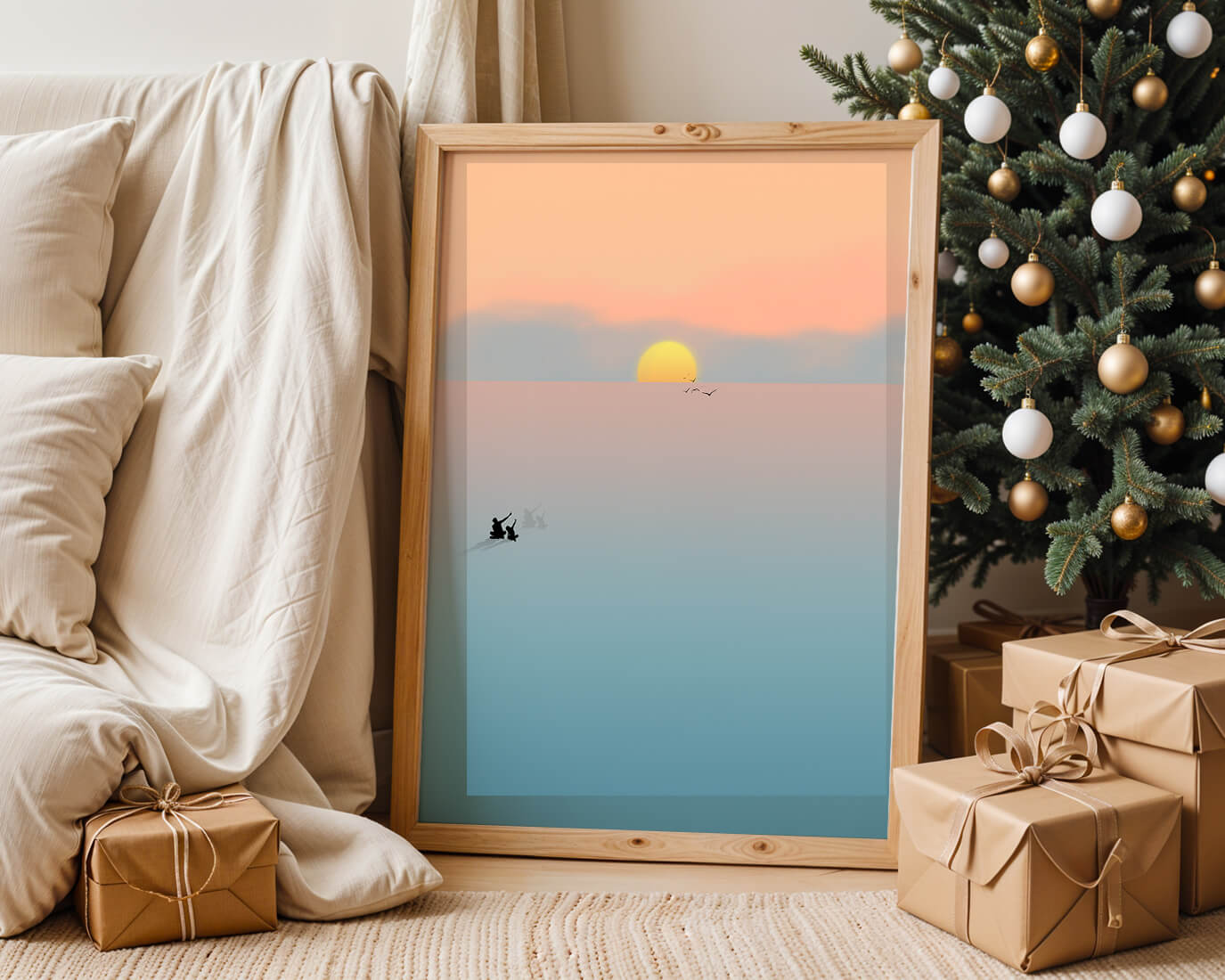 Serene Sunset with Silhouettes and Birds over a Calm Sea
