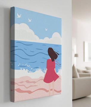 Serene seaside illustration with a girl in a pink dress gazing at the ocean