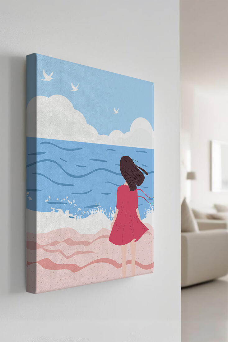 Serene seaside illustration with a girl in a pink dress gazing at the ocean