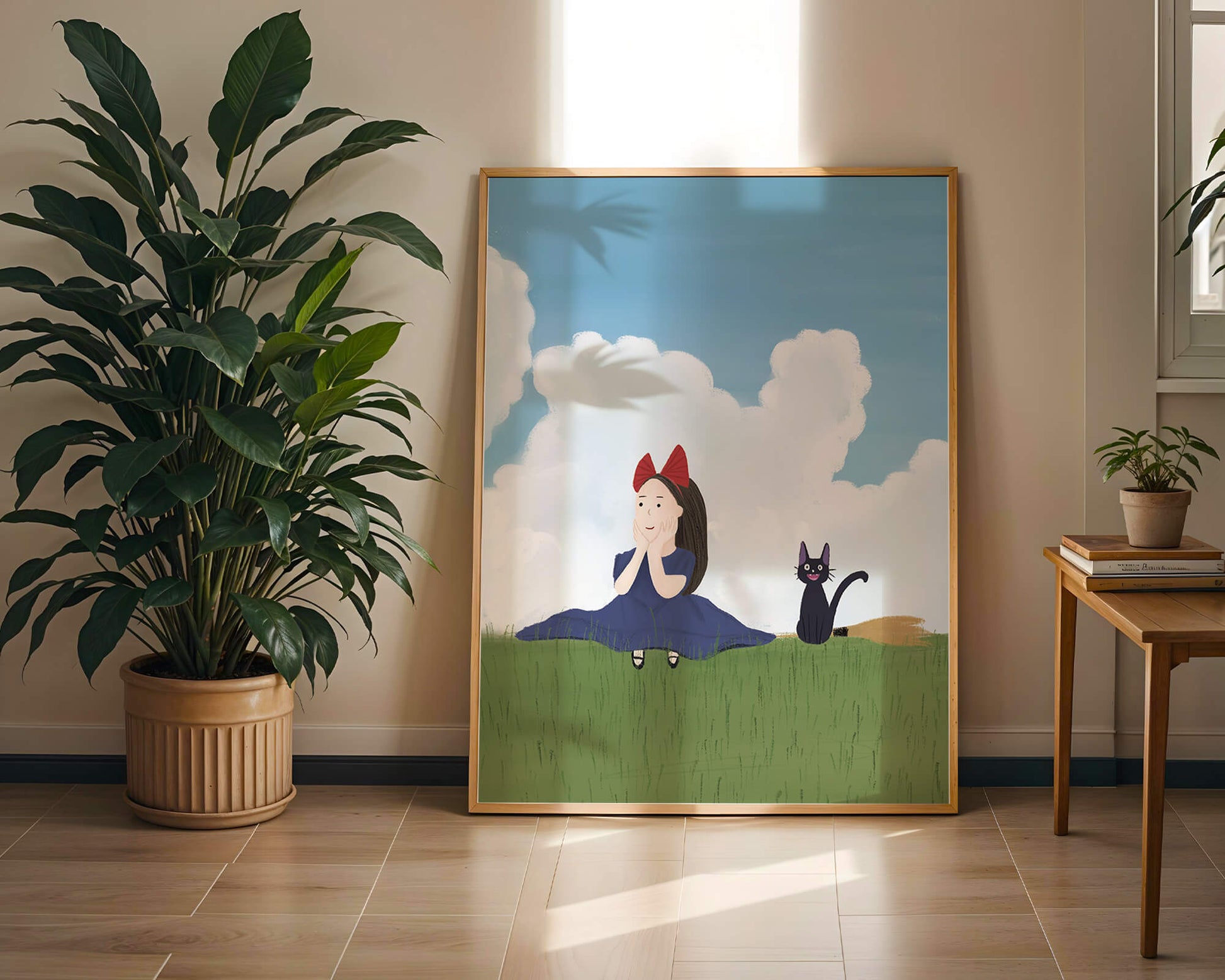 Girl with Red Bow and Cat in Lush Green Meadow