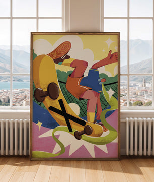 Ilustración abstracta colorida con un skater en movimiento dinámico