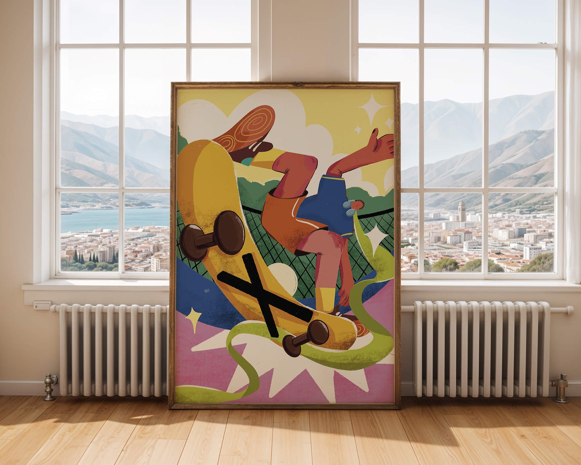 Ilustración abstracta colorida con un skater en movimiento dinámico