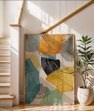 Abstrakte geometrische Kunst mit goldenen Akzenten und leuchtenden Farben