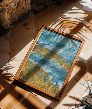 Pintura abstracta con textura dorada y fondo azul
