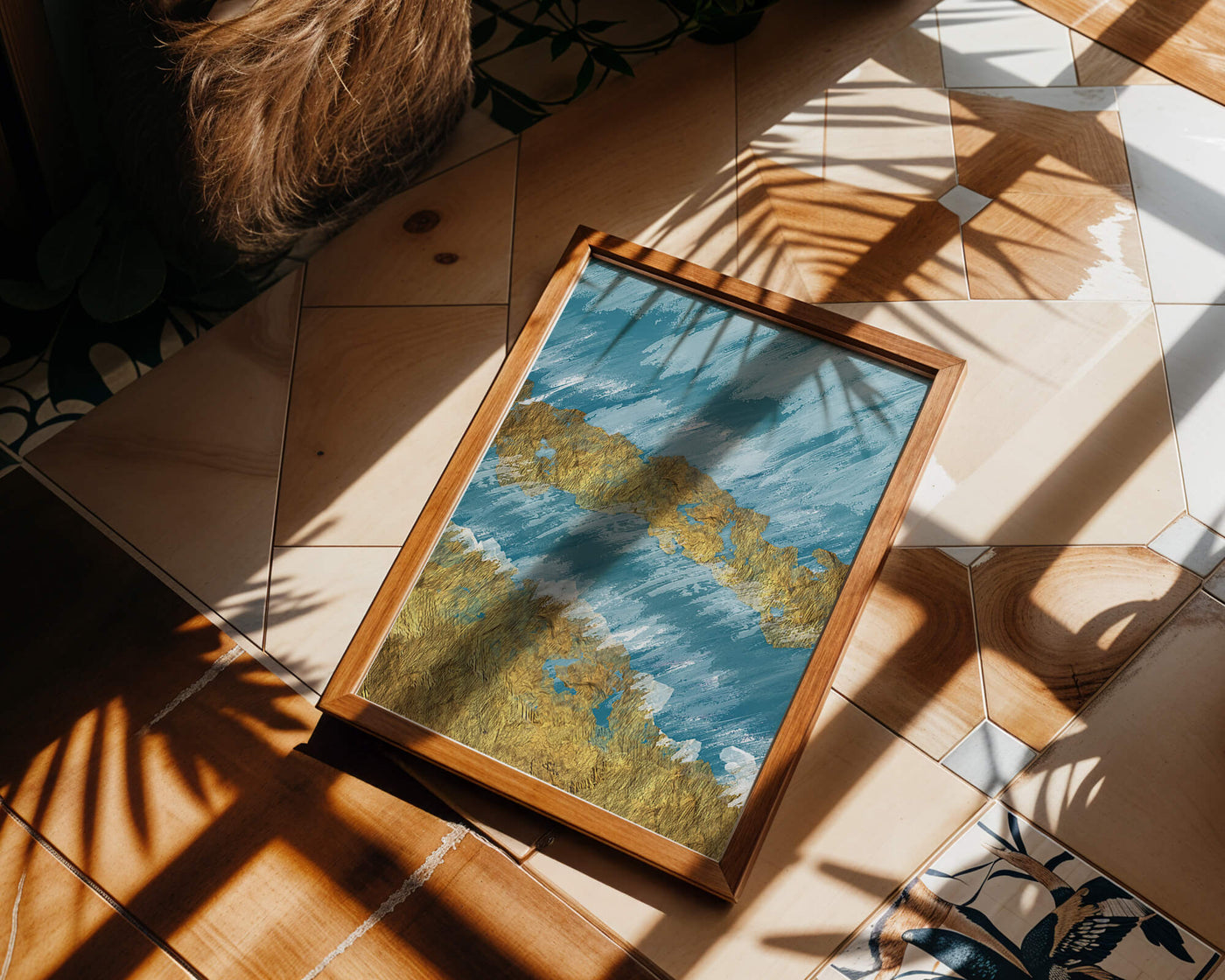 Abstract painting with gold texture and blue background