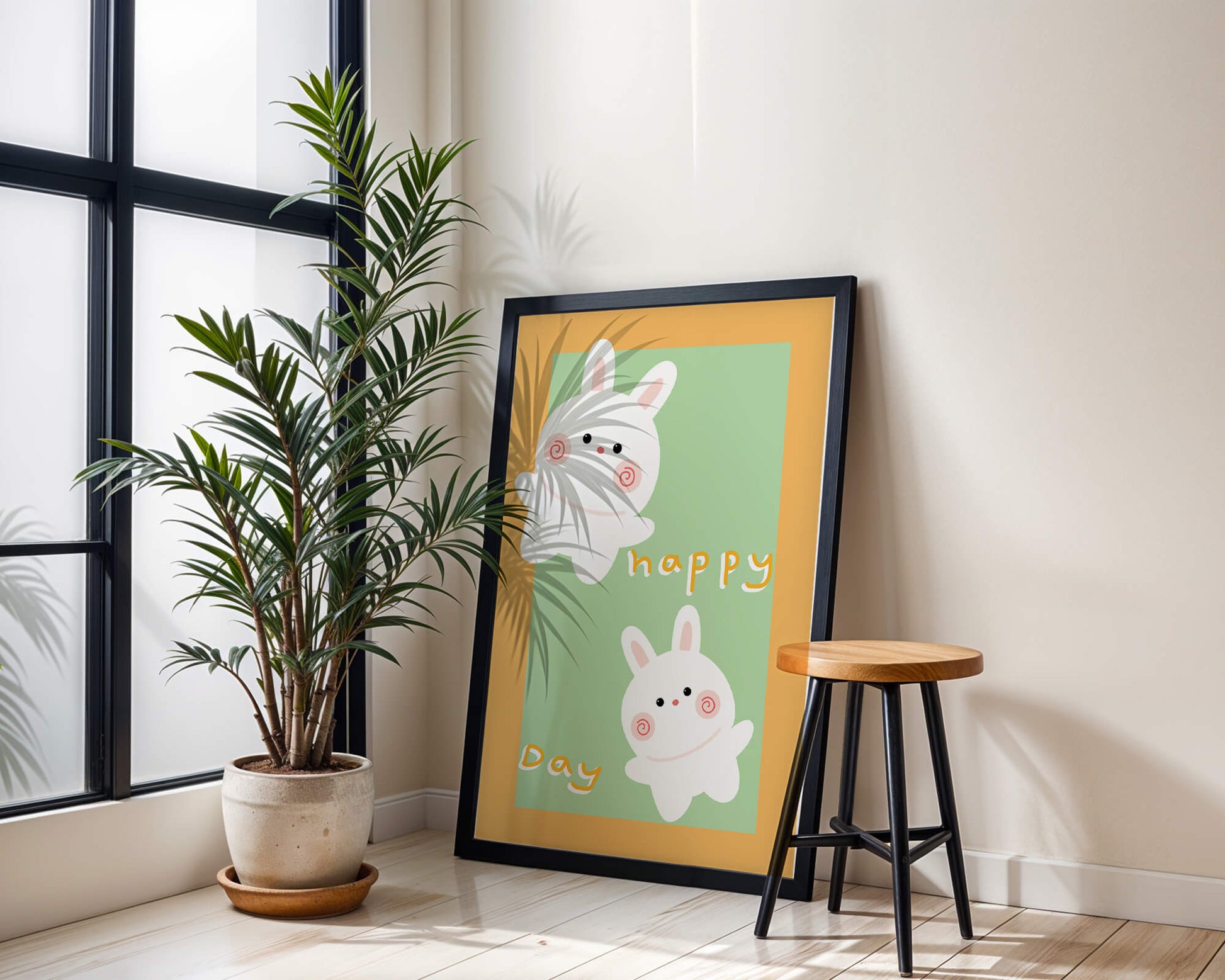 Conejos de dibujos animados juguetones con mensaje de día feliz sobre fondo colorido