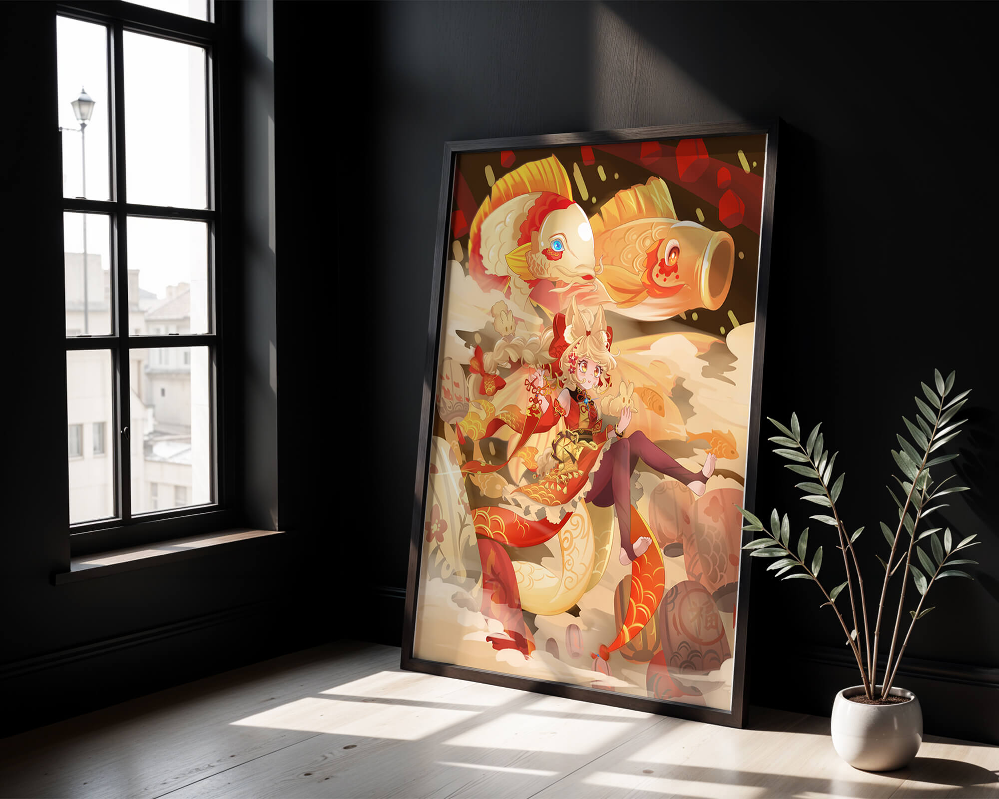 Vibrant anime character with mythical koi fishes and lanterns in dynamic scene
