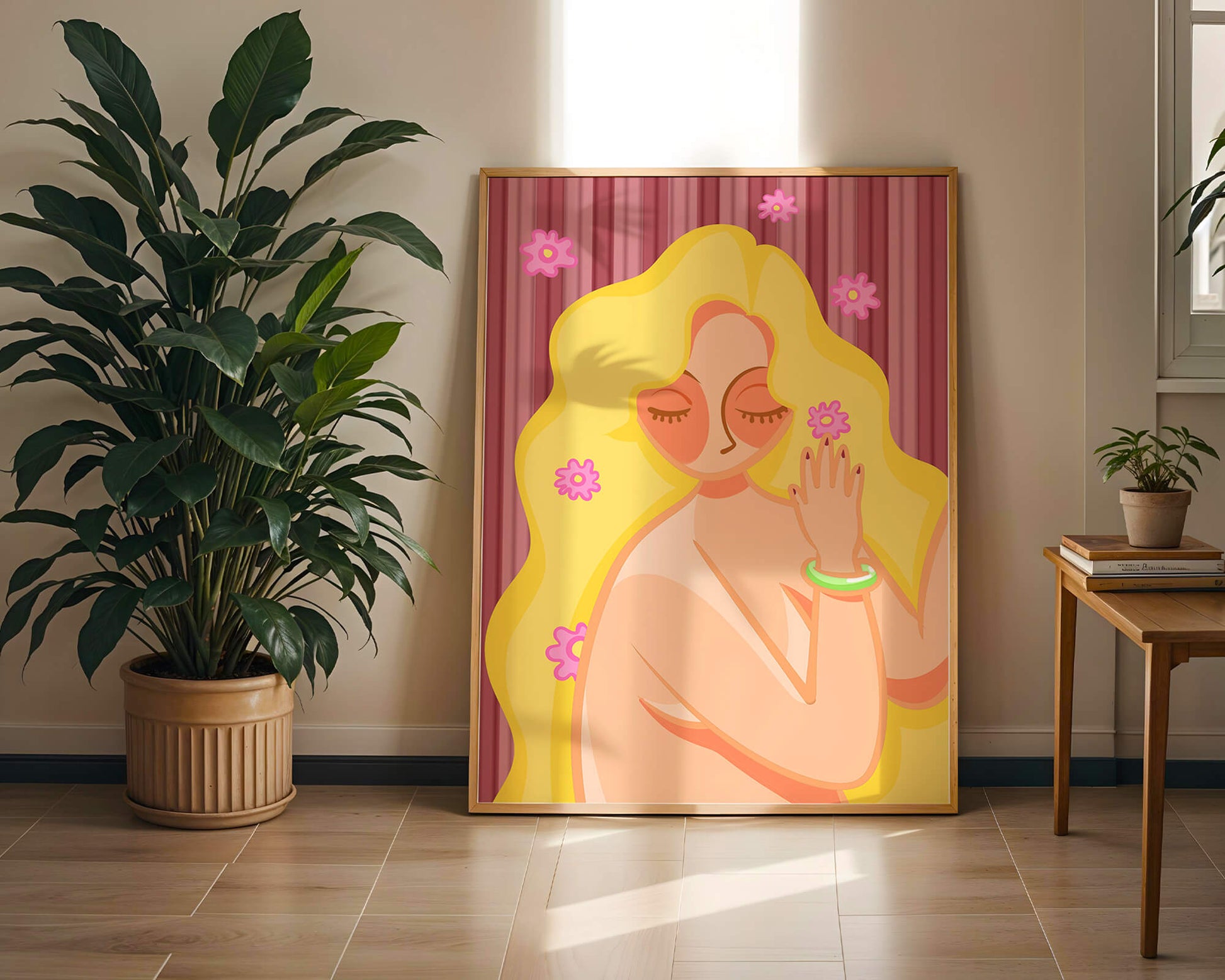 Ilustración abstracta de una mujer serena con el pelo largo y rubio y flores