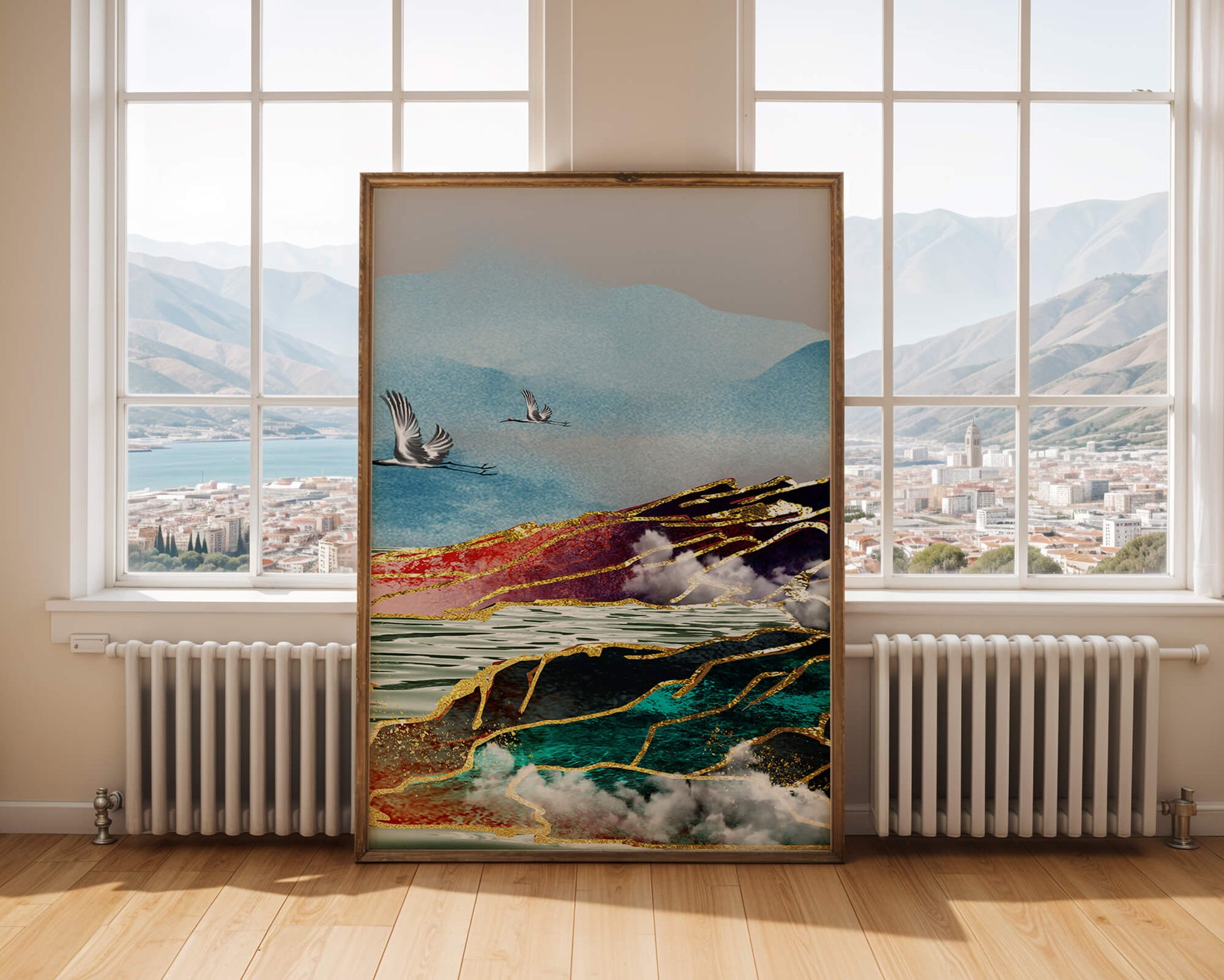Majestic Landscape With Flying Cranes And Golden Accents