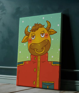 Cartoon cow character in a red coat against a snowy background