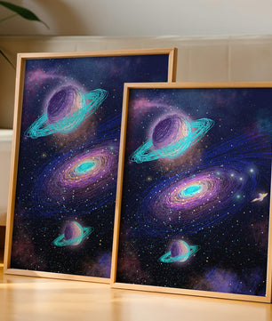 Colorful space illustration with planets and galaxy