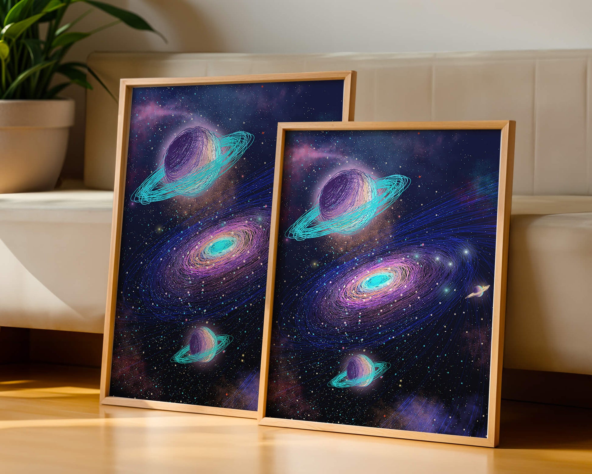 Colorful space illustration with planets and galaxy