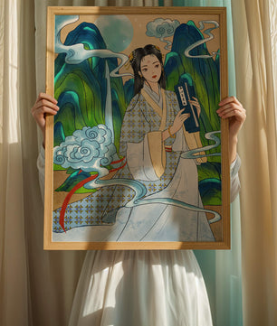 Retrato de una mujer con vestido tradicional, montañas y nubes