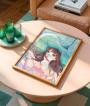 Serene water-inspired portrait of a woman with flowers