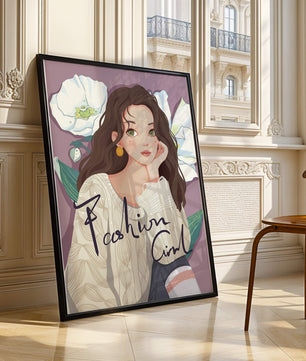 Illustrated fashion girl with floral background and purple theme