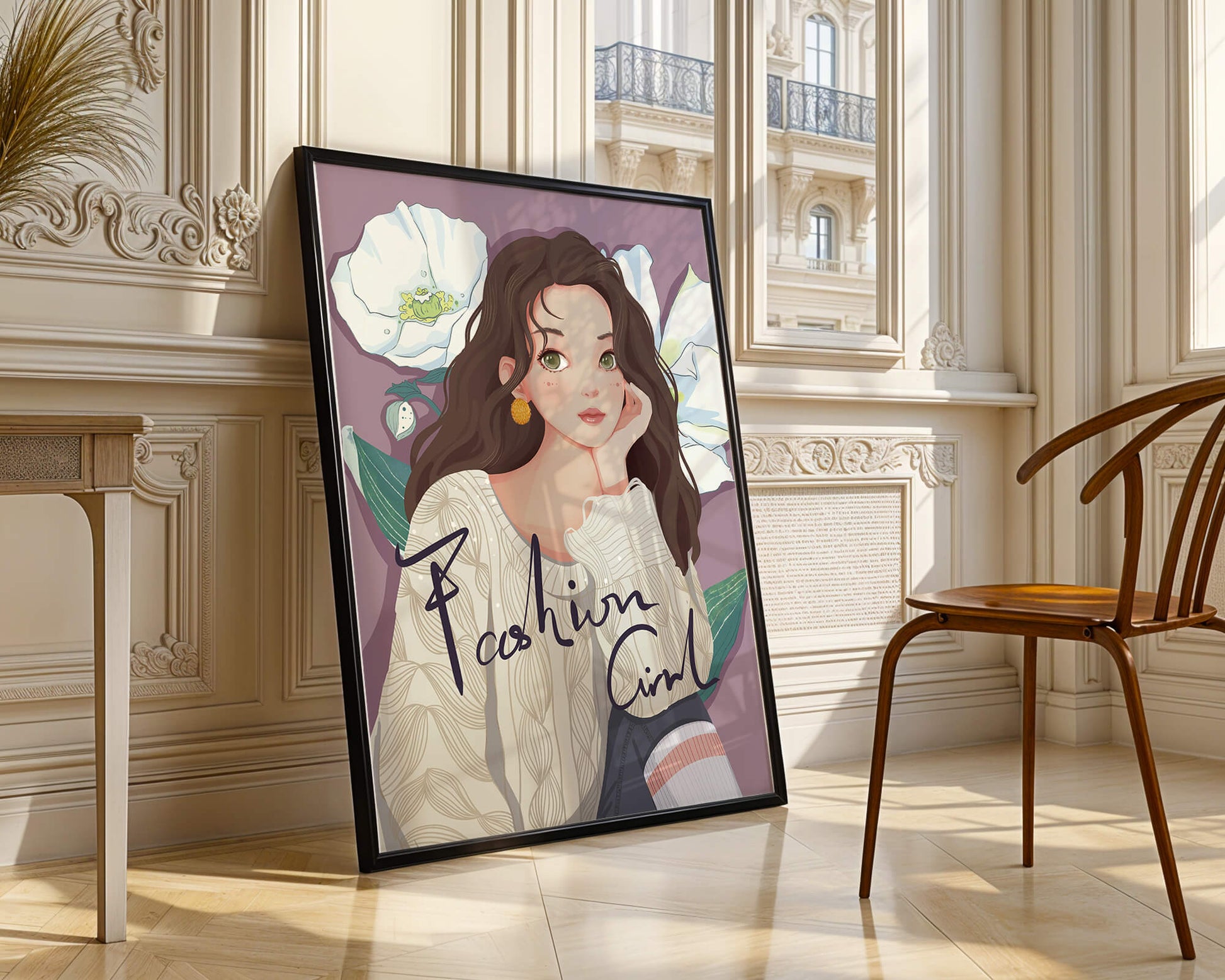 Illustrated fashion girl with floral background and purple theme