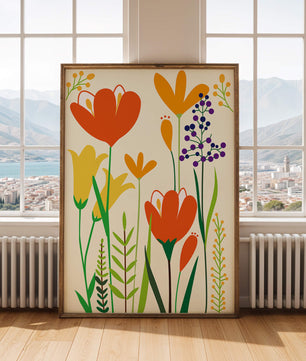 Bright Floral Illustration with Orange, Yellow, and Purple Flowers in Bold Colors
