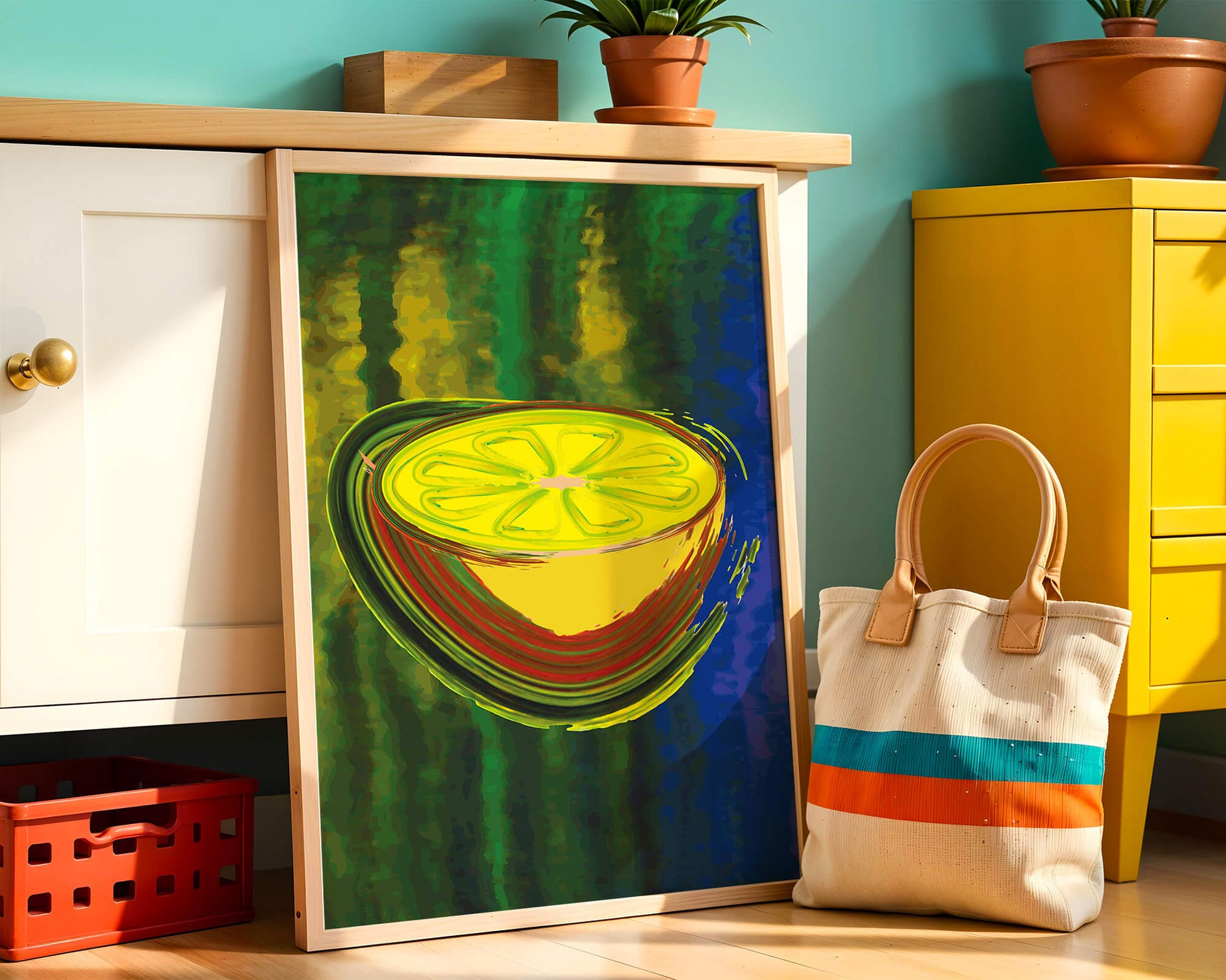 Vibrant abstract lemon slice with a colorful background