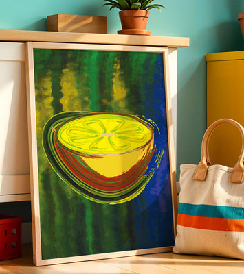 Vibrant abstract lemon slice with a colorful background