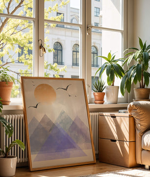 Abstract Mountain Landscape with Geometric Elements and Soaring Birds
