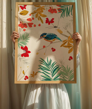 Oiseaux et feuillages colorés dans un décor botanique tropical