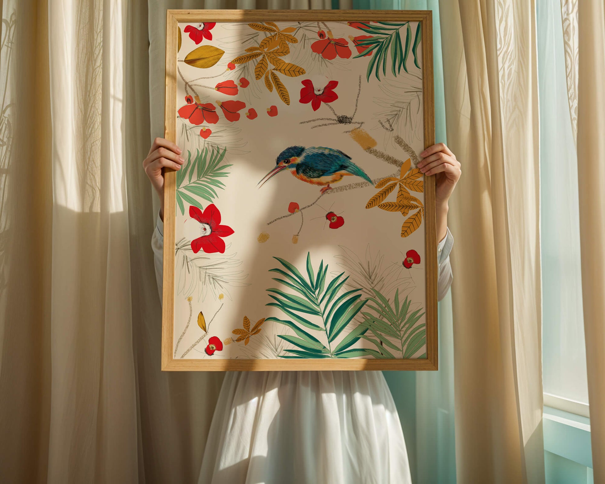 Oiseaux et feuillages colorés dans un décor botanique tropical
