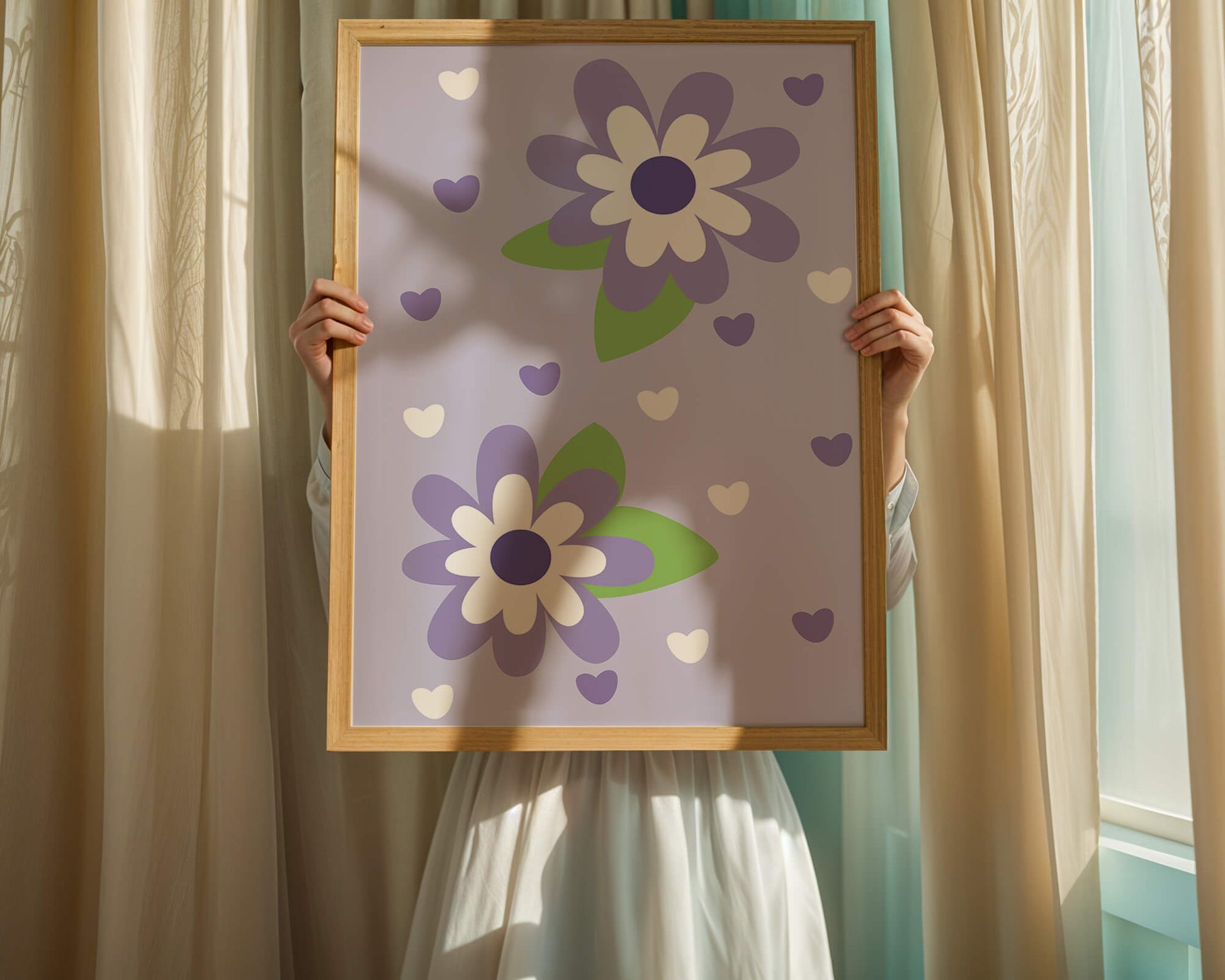 Elegant purple floral pattern with green leaves and heart accents