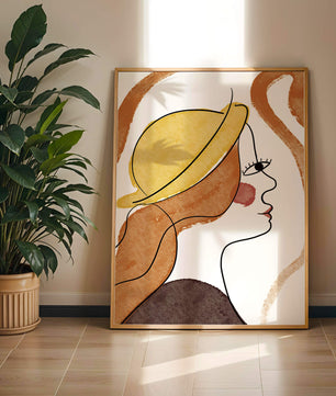 Retrato de línea moderna de una mujer con sombrero y colores vibrantes
