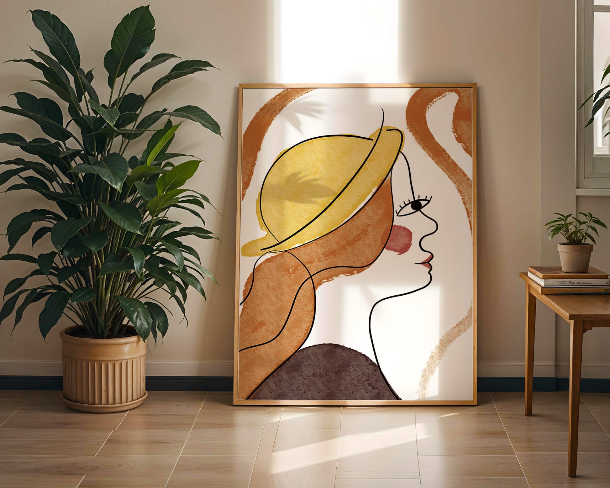 Retrato de línea moderna de una mujer con sombrero y colores vibrantes