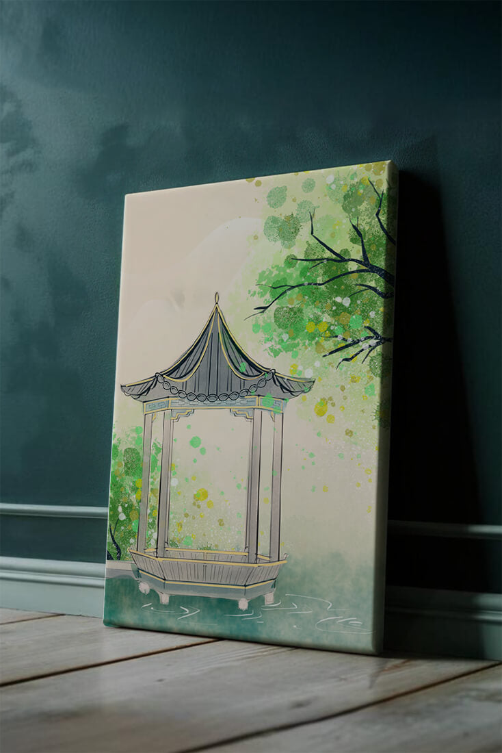 Serene garden gazebo by a tranquil pond with lush greenery