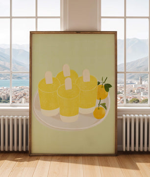 Illustration de sucettes glacées jaunes et d'oranges sur une assiette