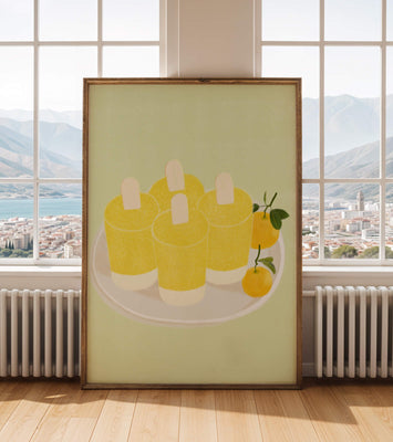 Illustration of yellow popsicles and oranges on a plate