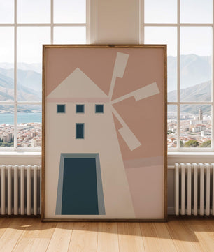 Minimalist geometric house illustration on pastel background