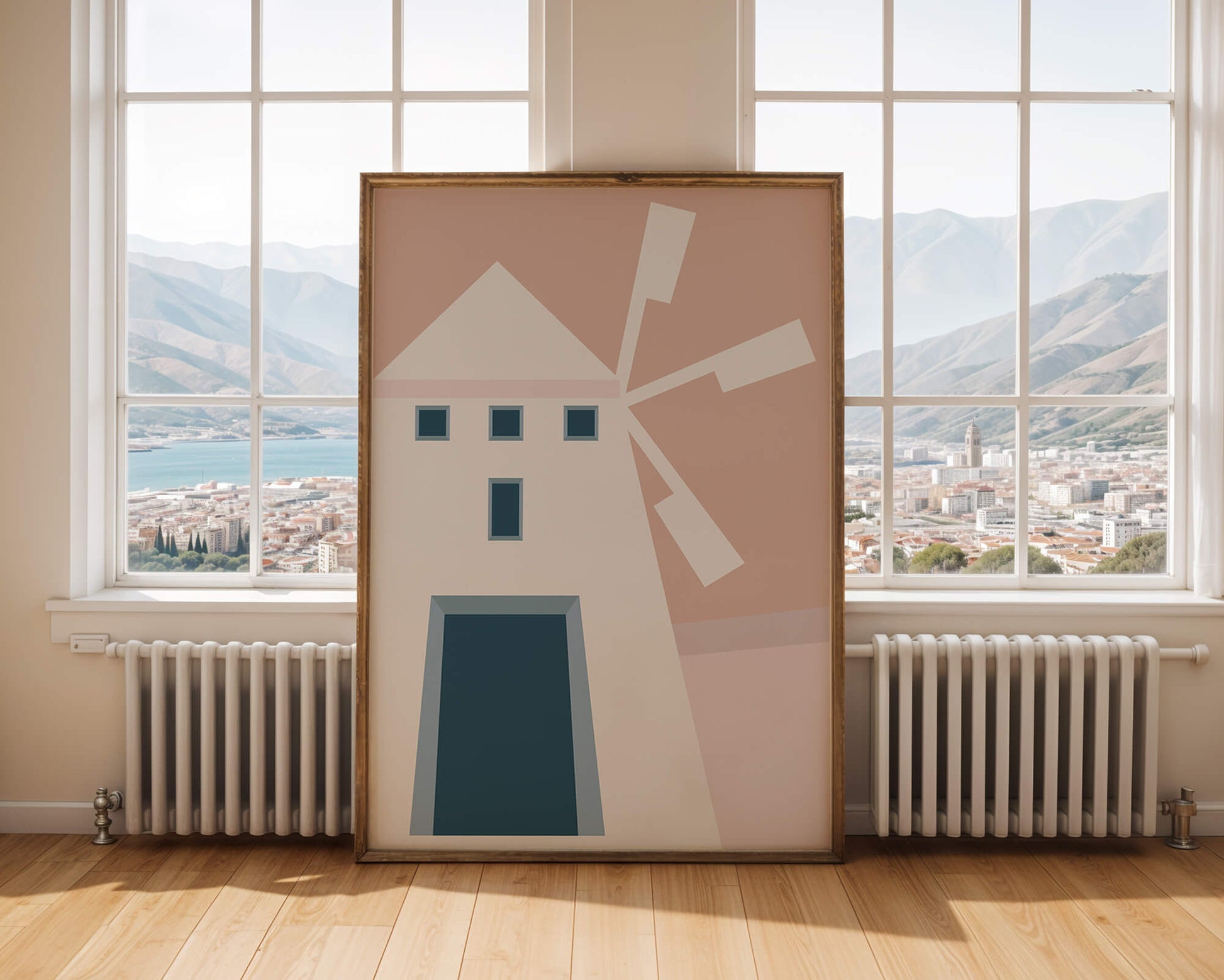 Minimalist geometric house illustration on pastel background