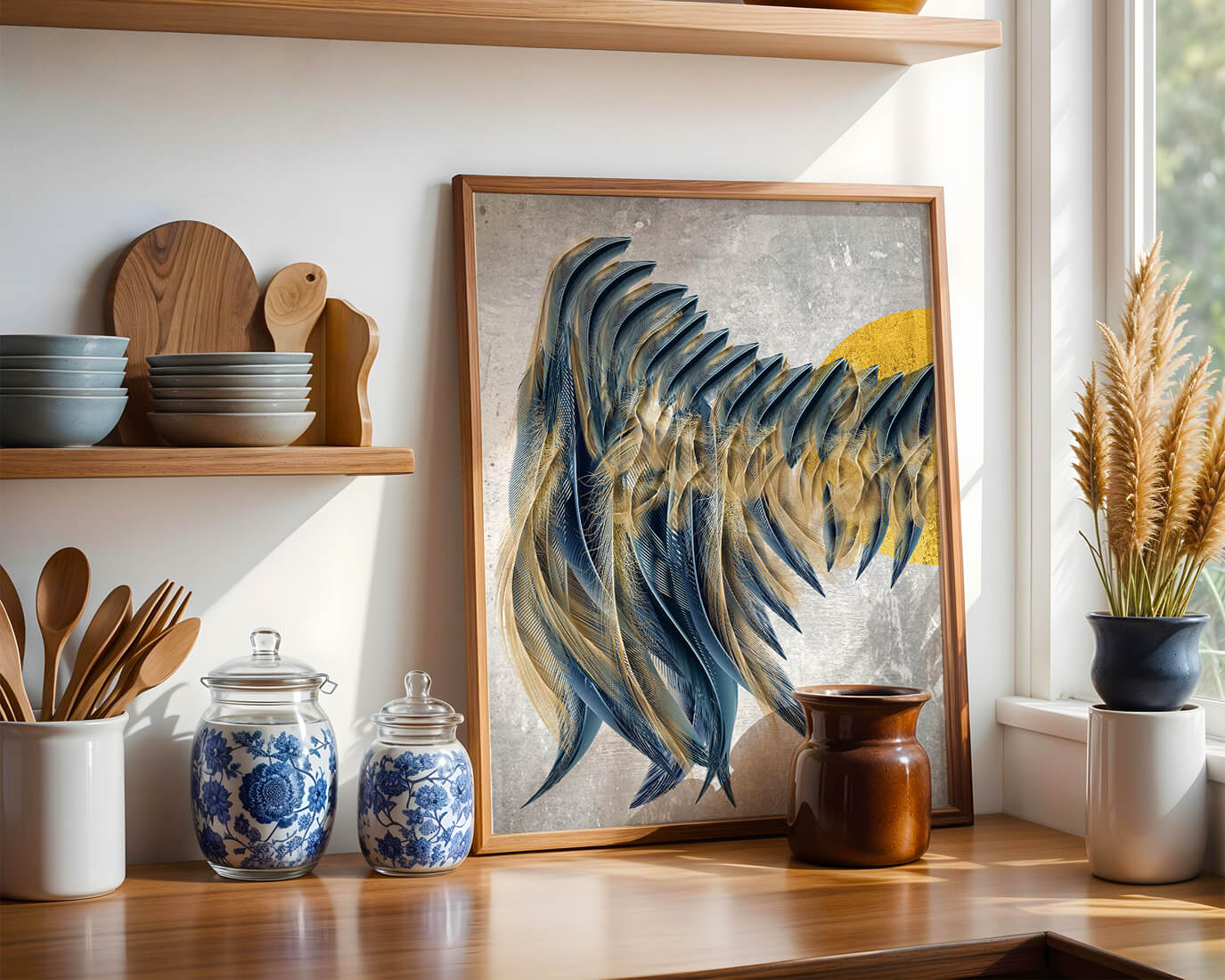 Arte abstracto de plumas con detalles dorados sobre fondo texturizado