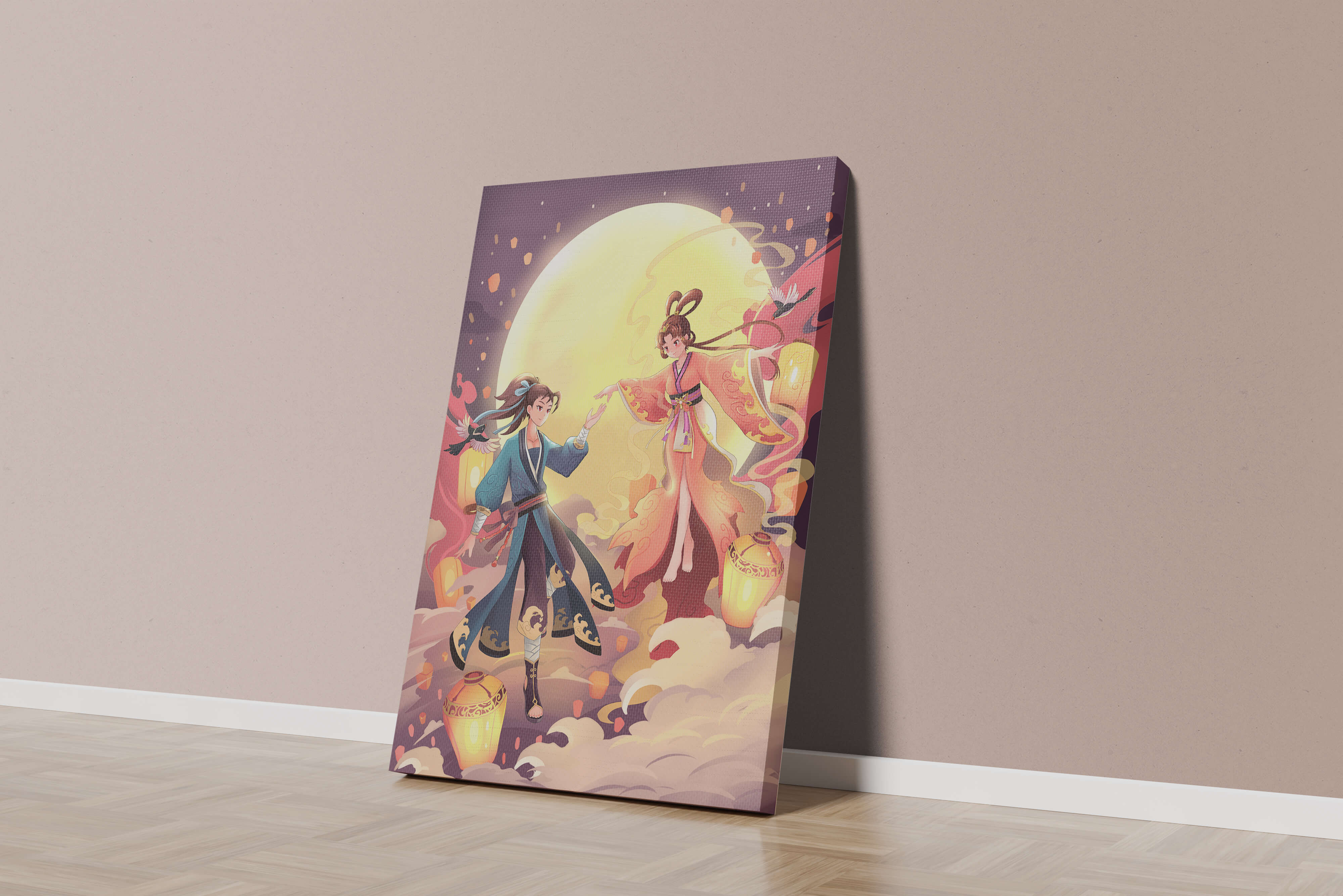 Elegant moonlit fantasy scene with traditional attire
