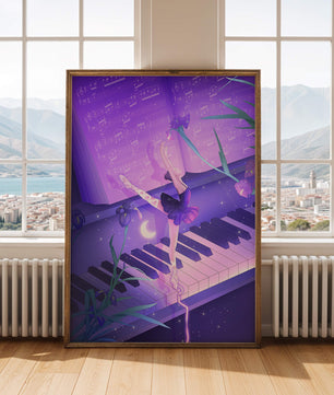 Graceful Ballerina Dancing on Piano Amidst Flowers and Musical Notes