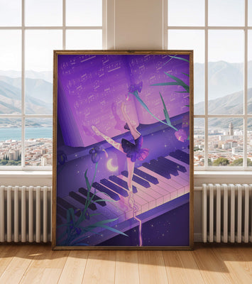 Graceful Ballerina Dancing on Piano Amidst Flowers and Musical Notes