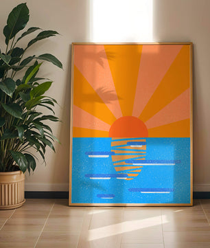 A vibrant sunrise illustration over the ocean with colorful rays