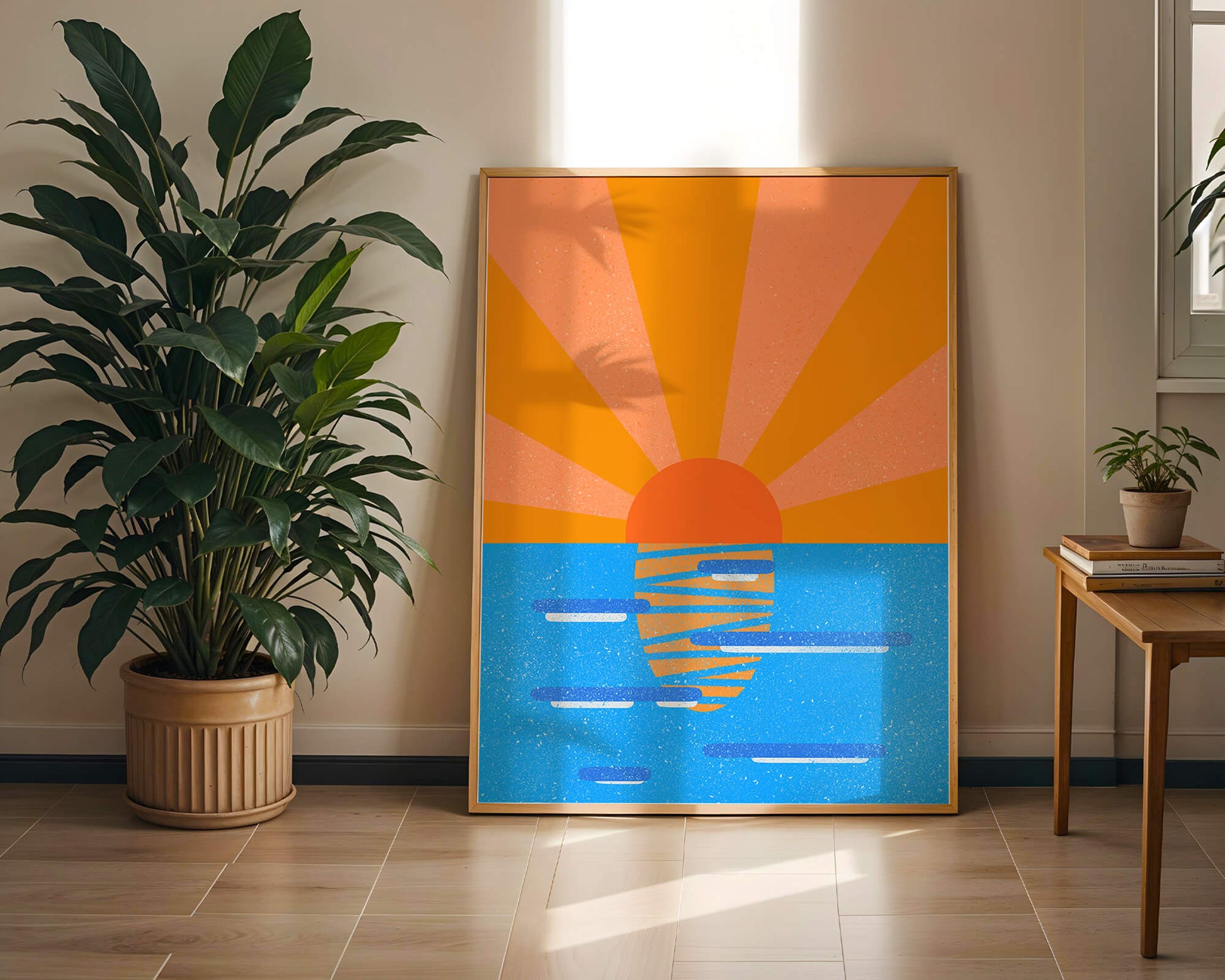 A vibrant sunrise illustration over the ocean with colorful rays