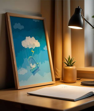 Gato soñador en un sillón flotante en un cielo nublado surrealista