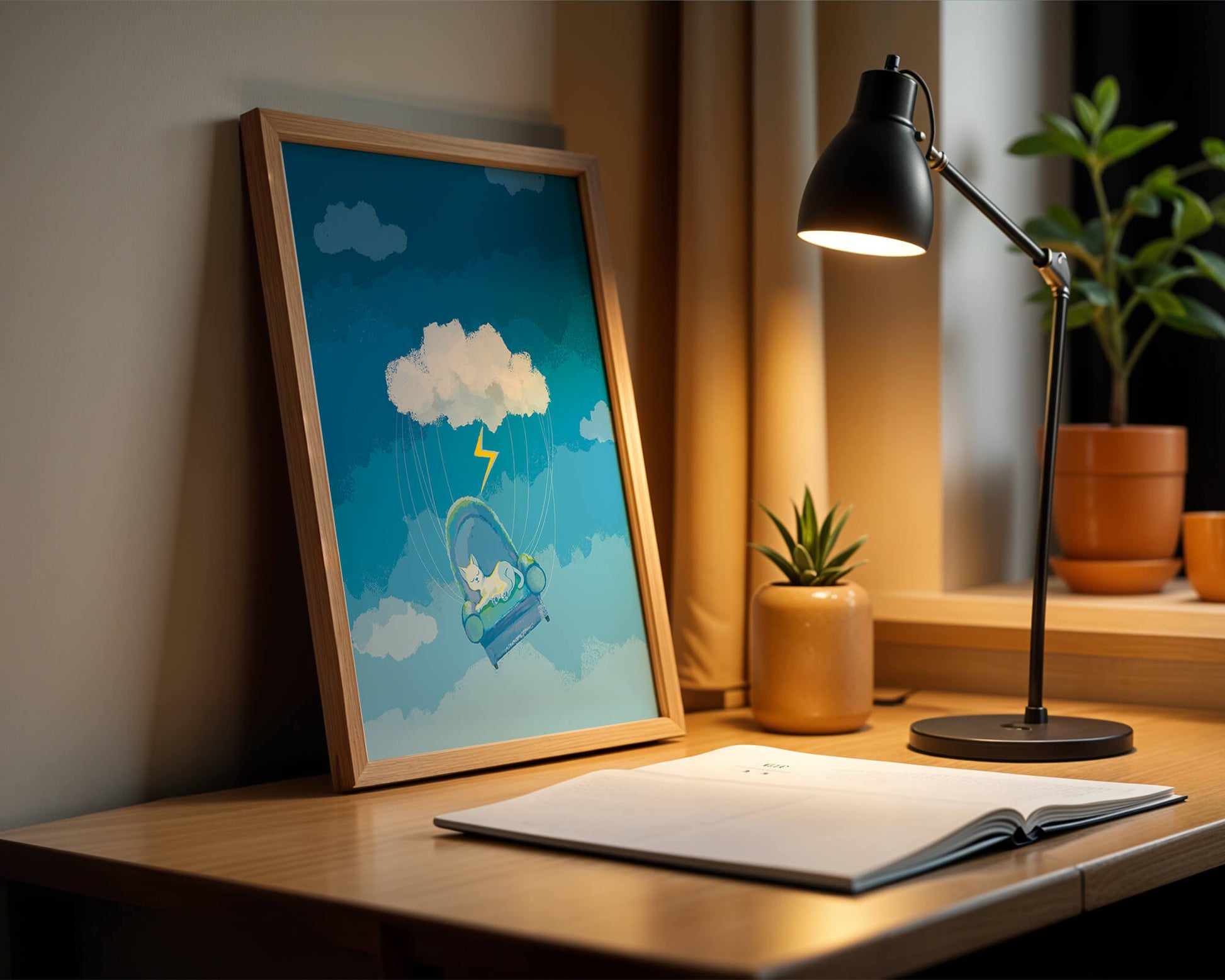 Dreamy Cat on a Floating Armchair in a Surreal Cloudy Sky
