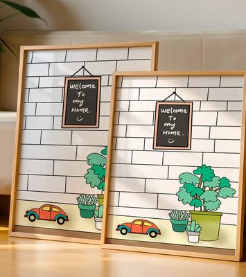 Chalkboard welcome sign with potted plants and a toy car