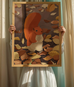 Ilustración de una ardilla adorable entre hojas de otoño