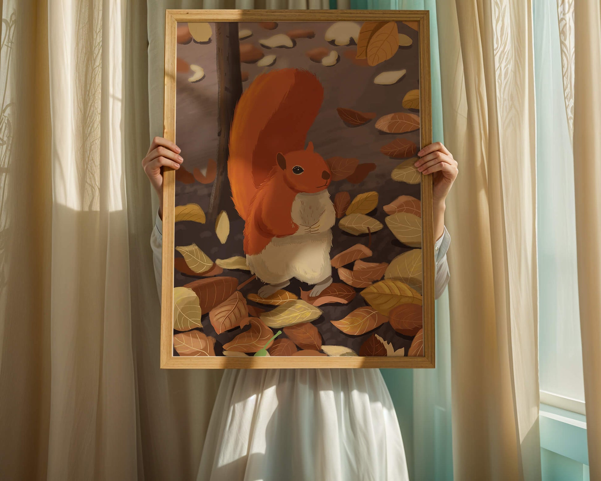 Illustration of a cute squirrel among autumn leaves