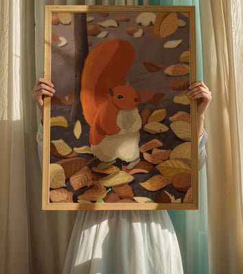 Illustration of a cute squirrel among autumn leaves