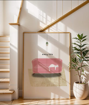 Minimalist Interior with Pink Sofa and Relaxed White Cat
