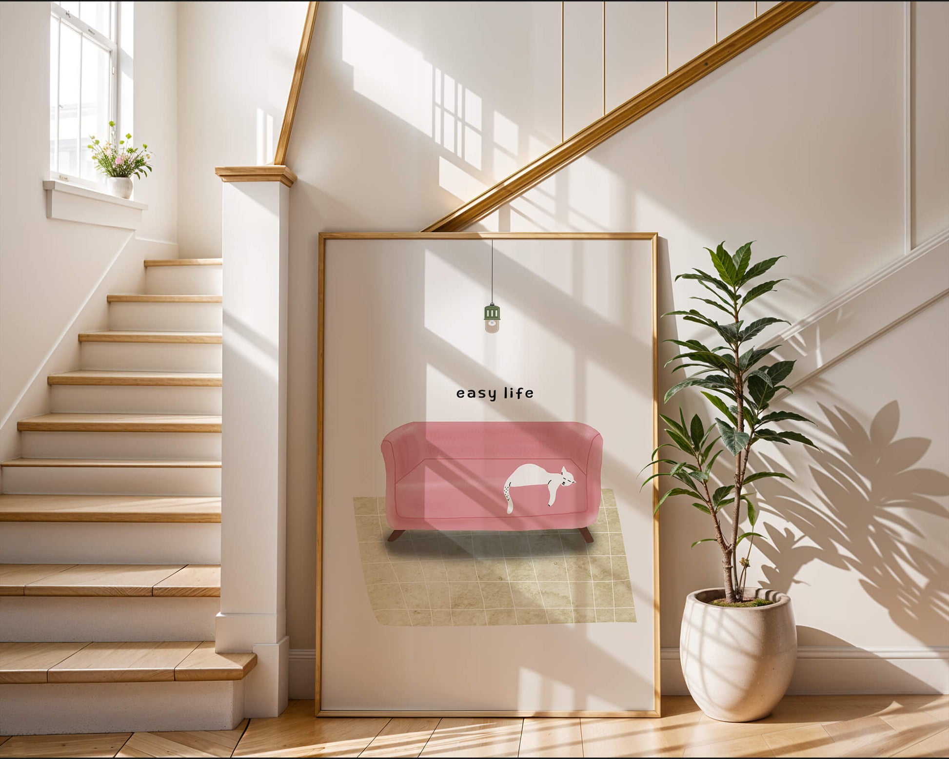 Interior minimalista con sofá rosa y gato blanco relajado