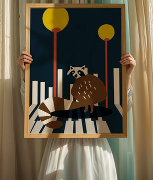 Raccoon Illustration with Urban Street Lamps and Geometric Design